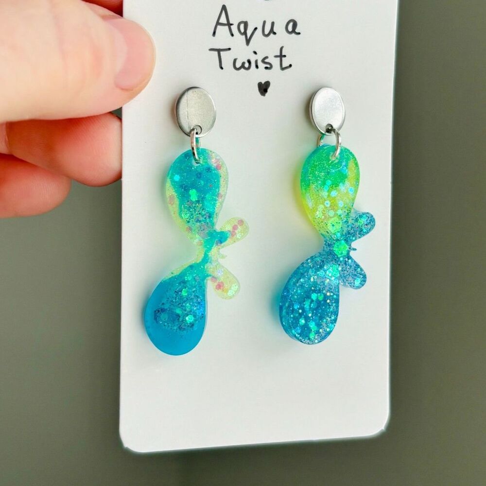 Blue Green Butterfly Earrings with Glitter, Handmade Resin Dangles with Studs